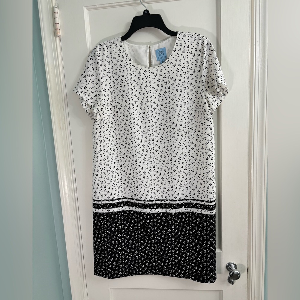 CeCe Black and White Puff Sleeve Midi Dress